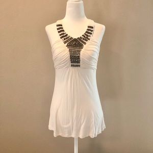 Beaded Cross-Strap Back Asymmetrical Winter White Shirt - Size: Medium